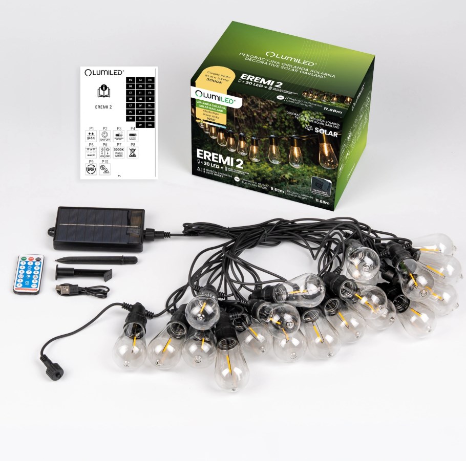 Girlanda solarna ogrodowa 20 LED 11,68 m z pilotem EREMI 2 Lumiled